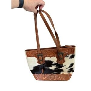 Myra Rio Grande Genuine Tooled Leather Cowhide Hair On Hide Zipper Tote Bag NWT